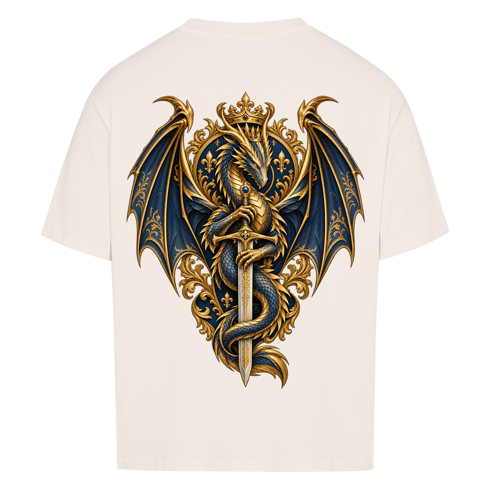 NOVAWEAR® DRAGON REIGN Heavyweight Oversized T-Shirt – Rückansicht in Natural Raw mit DRAGON REIGN Backprint