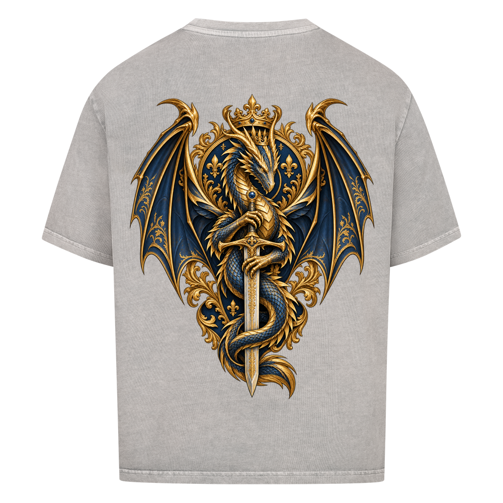 
NOVAWEAR® DRAGON REIGN Heavyweight Oversized T-Shirt – Rückansicht in Washed Grey mit DRAGON REIGN Backprint