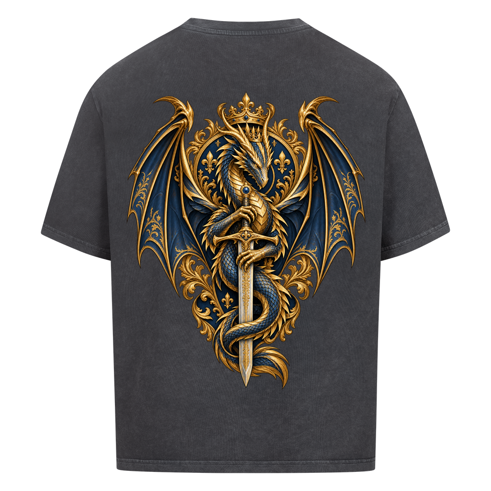 NOVAWEAR® DRAGON REIGN Heavyweight Oversized T-Shirt – Rückansicht in Washed Black mit DRAGON REIGN Backprint