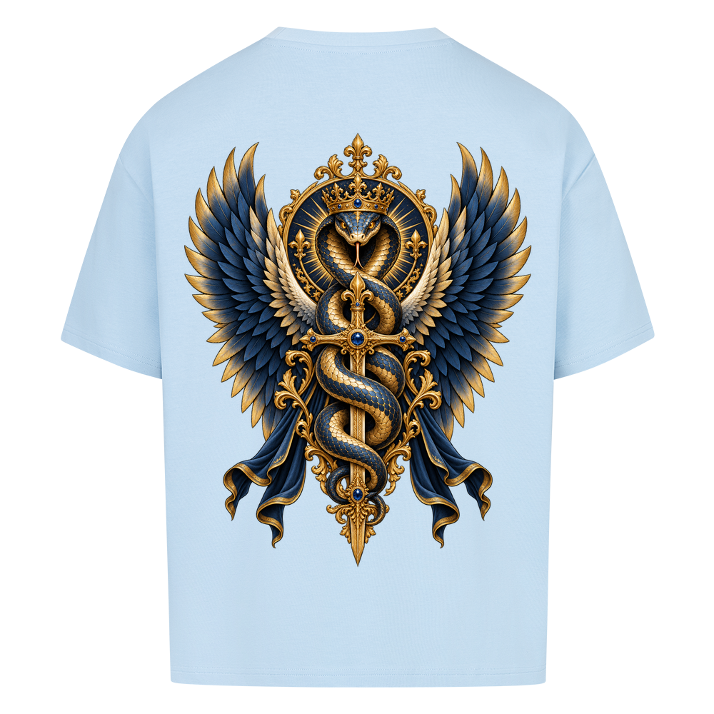 
NOVAWEAR® SERPENT CROWN Heavyweight Oversized T-Shirt – Rückansicht in Babyblau mit SERPENT CROWN Backprint