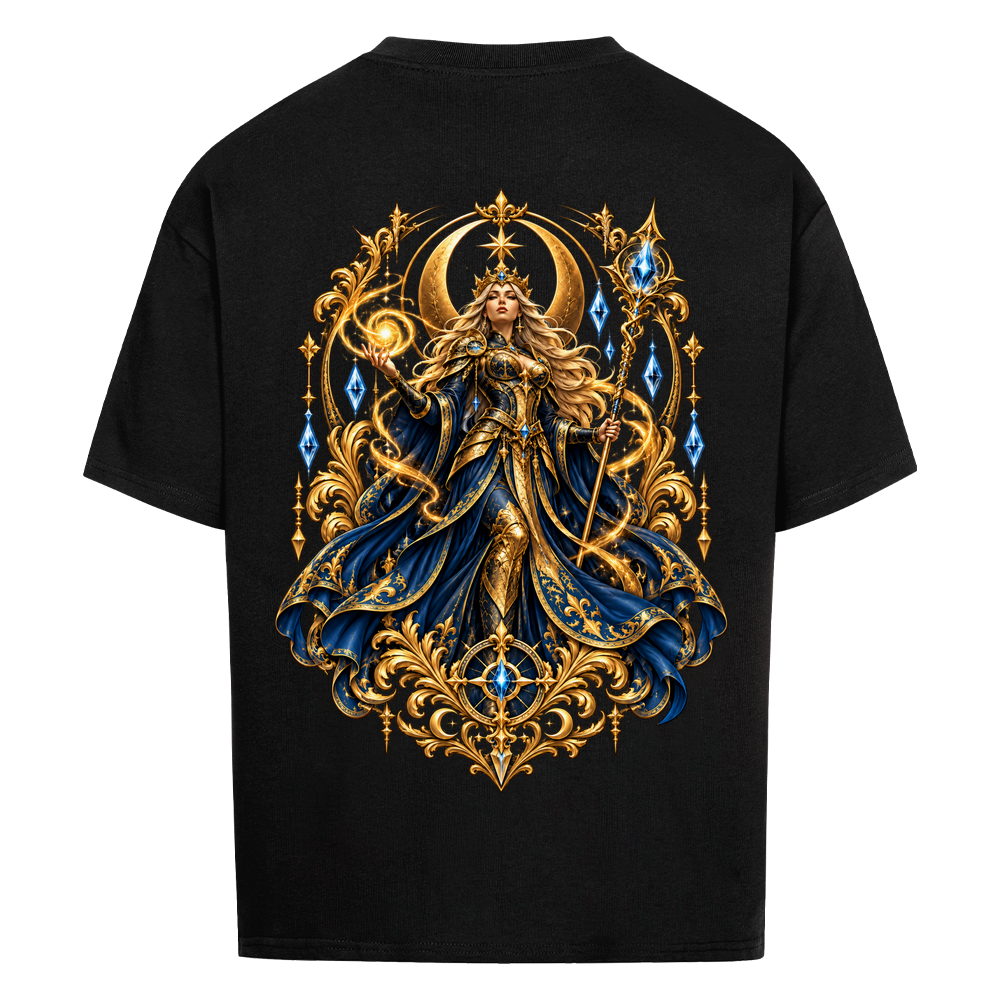 NOVAWEAR® CELESTIAL QUEEN Heavyweight Oversized T-Shirt – Rückansicht in Schwarz mit CELESTIAL QUEEN Backprint