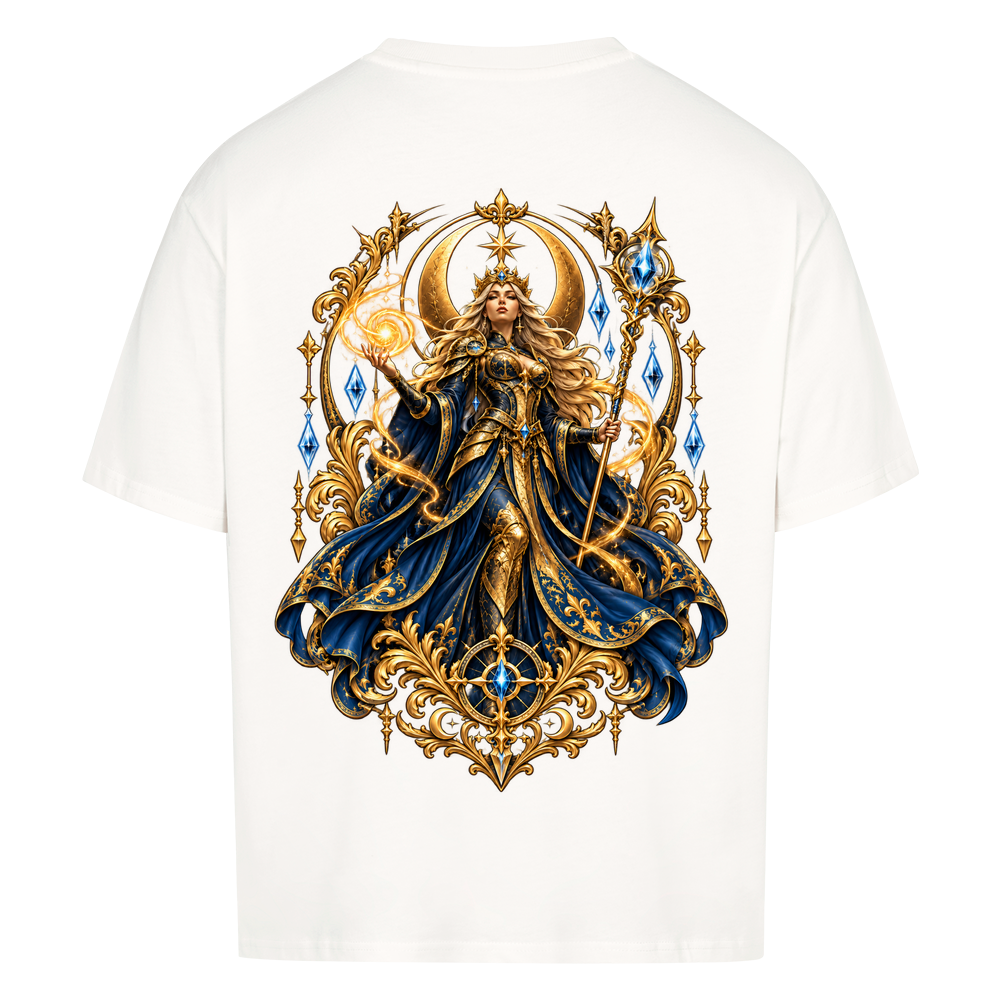 NOVAWEAR® CELESTIAL QUEEN Heavyweight Oversized T-Shirt – Rückansicht in Weiß mit CELESTIAL QUEEN Backprint