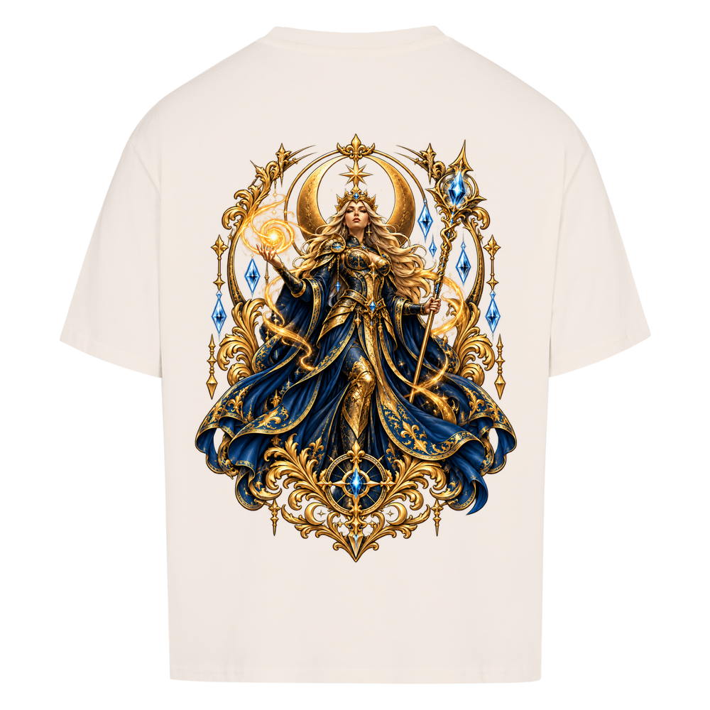 
NOVAWEAR® CELESTIAL QUEEN Heavyweight Oversized T-Shirt – Rückansicht in Natural Raw mit CELESTIAL QUEEN Backprint