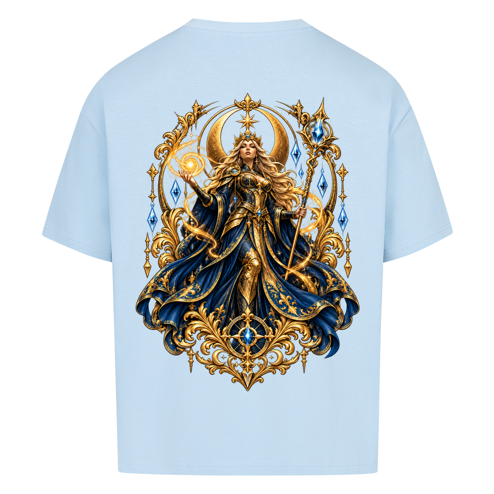 
NOVAWEAR® CELESTIAL QUEEN Heavyweight Oversized T-Shirt – Rückansicht in Babyblau mit CELESTIAL QUEEN Backprint