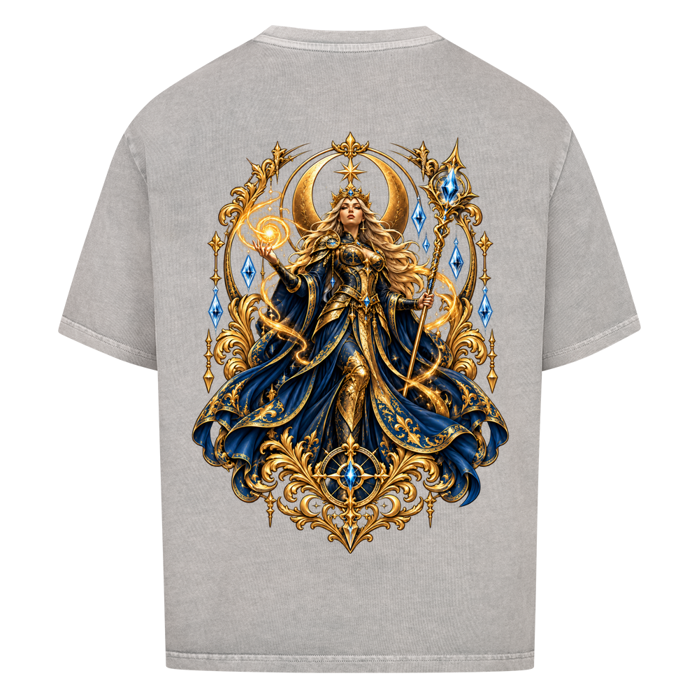 
NOVAWEAR® CELESTIAL QUEEN Heavyweight Oversized T-Shirt – Rückansicht in Washed Grey mit CELESTIAL QUEEN Backprint