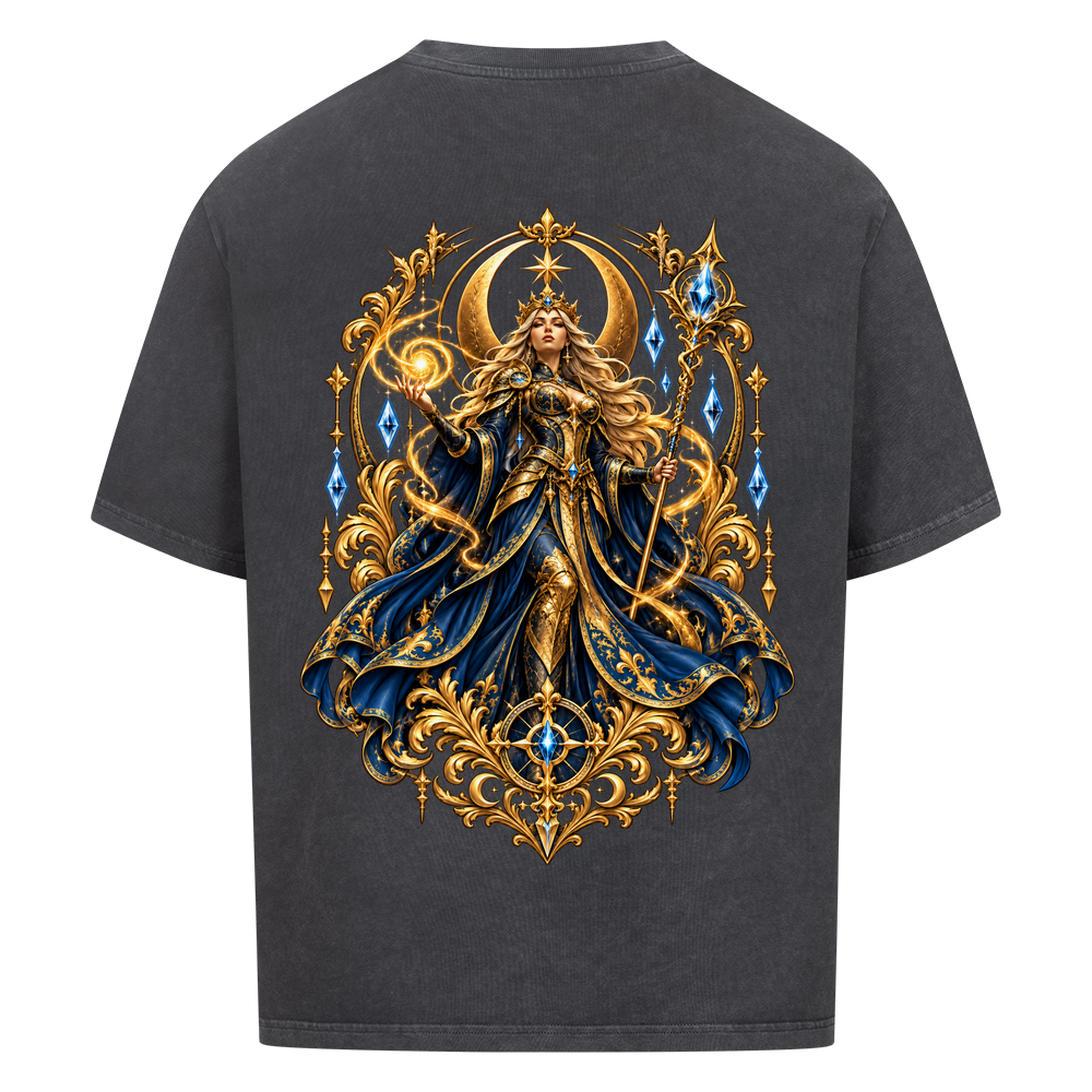 
NOVAWEAR® CELESTIAL QUEEN Heavyweight Oversized T-Shirt – Rückansicht in Washed Black mit CELESTIAL QUEEN Backprint