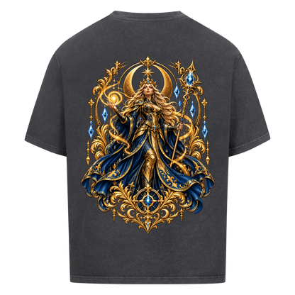 NOVAWEAR® CELESTIAL QUEEN Heavyweight Oversized T-Shirt – Rückansicht in Washed Black mit CELESTIAL QUEEN Backprint