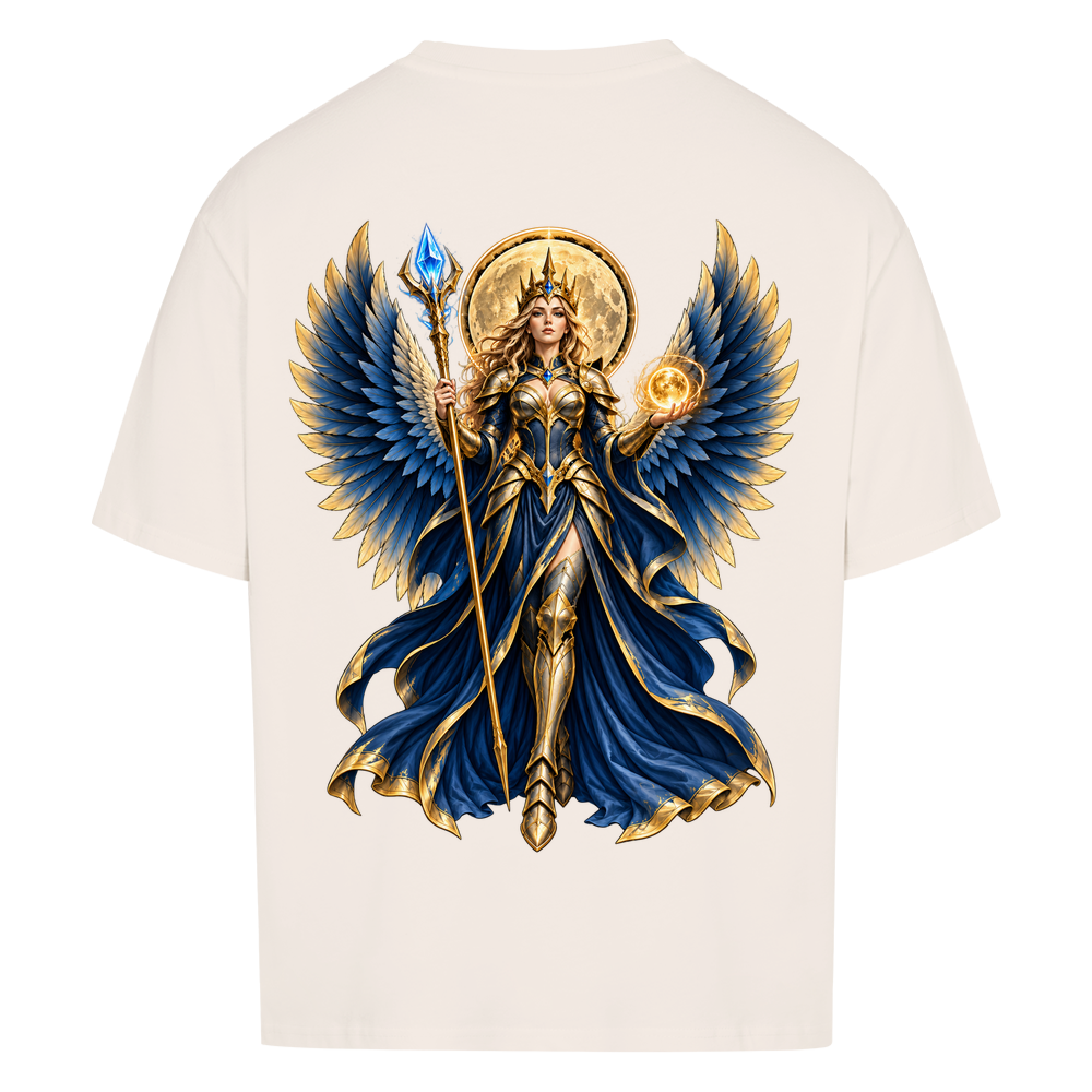
NOVAWEAR® DIVINE EMPRESS Heavyweight Oversized T-Shirt – Rückansicht in Natural Raw mit DIVINE EMPRESS Backprint