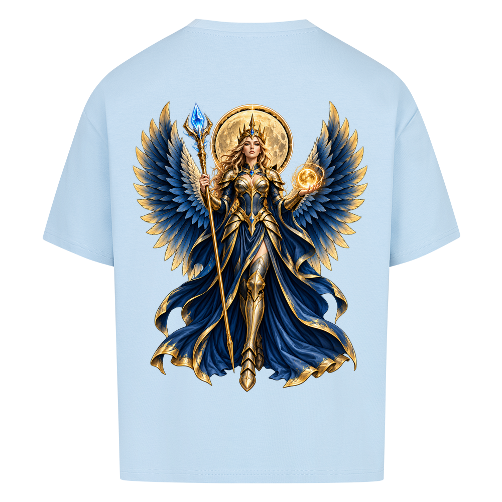 NOVAWEAR® DIVINE EMPRESS Heavyweight Oversized T-Shirt – Rückansicht in Babyblau mit DIVINE EMPRESS Backprint