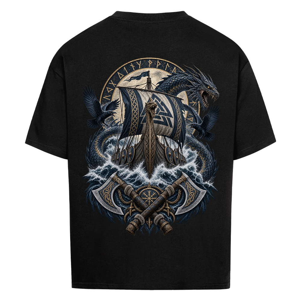 NOVAWEAR® VALHALLA STORM Heavyweight Oversized T-Shirt – Rückansicht in Schwarz mit VALHALLA STORM Backprint