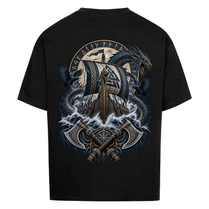NOVAWEAR® VALHALLA STORM Heavyweight Oversized T-Shirt – Rückansicht in Schwarz mit VALHALLA STORM Backprint