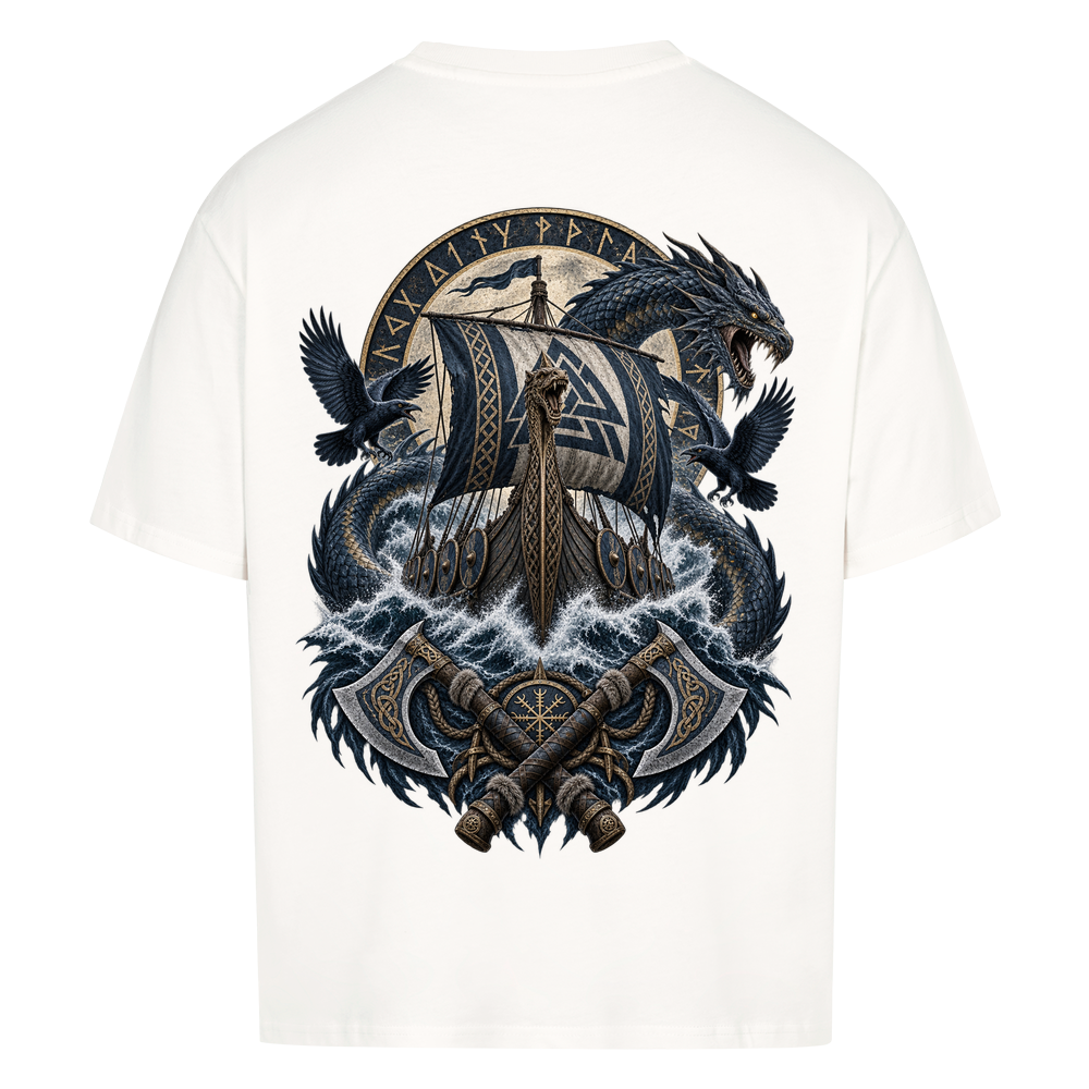 NOVAWEAR® VALHALLA STORM Heavyweight Oversized T-Shirt – Rückansicht in Weiß mit VALHALLA STORM Backprint
