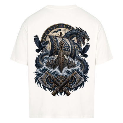 NOVAWEAR® VALHALLA STORM Heavyweight Oversized T-Shirt – Rückansicht in Weiß mit VALHALLA STORM Backprint