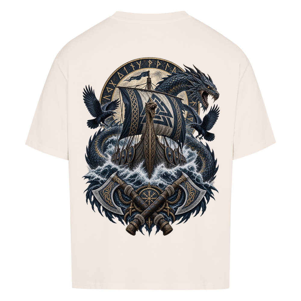 
NOVAWEAR® VALHALLA STORM Heavyweight Oversized T-Shirt – Rückansicht in Natural Raw mit VALHALLA STORM Backprint
