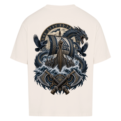 NOVAWEAR® VALHALLA STORM Heavyweight Oversized T-Shirt – Rückansicht in Natural Raw mit VALHALLA STORM Backprint