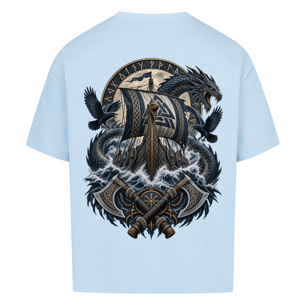 NOVAWEAR® VALHALLA STORM Heavyweight Oversized T-Shirt – Rückansicht in Babyblau mit VALHALLA STORM Backprint