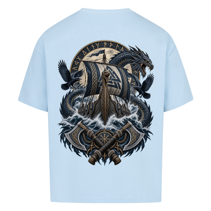 NOVAWEAR® VALHALLA STORM Heavyweight Oversized T-Shirt – Rückansicht in Babyblau mit VALHALLA STORM Backprint