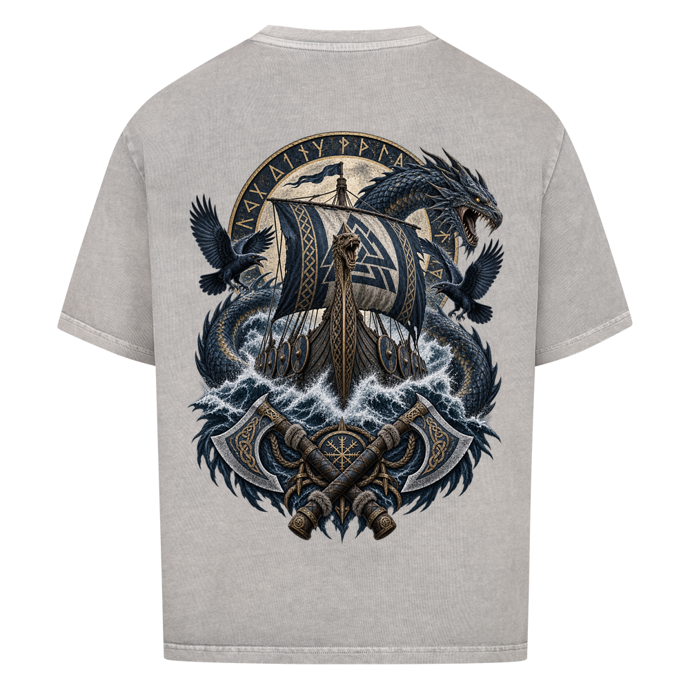 
NOVAWEAR® VALHALLA STORM Heavyweight Oversized T-Shirt – Rückansicht in Washed Grey mit VALHALLA STORM Backprint