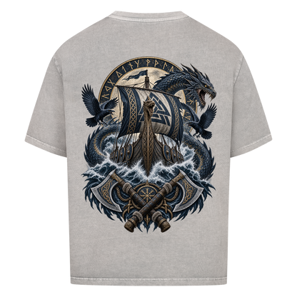 NOVAWEAR® VALHALLA STORM Heavyweight Oversized T-Shirt – Rückansicht in Washed Grey mit VALHALLA STORM Backprint