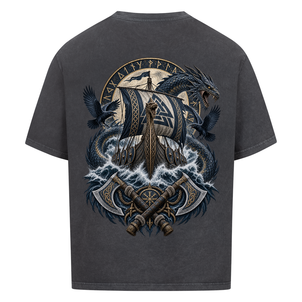 
NOVAWEAR® VALHALLA STORM Heavyweight Oversized T-Shirt – Rückansicht in Washed Black mit VALHALLA STORM Backprint