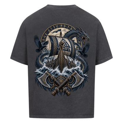 NOVAWEAR® VALHALLA STORM Heavyweight Oversized T-Shirt – Rückansicht in Washed Black mit VALHALLA STORM Backprint