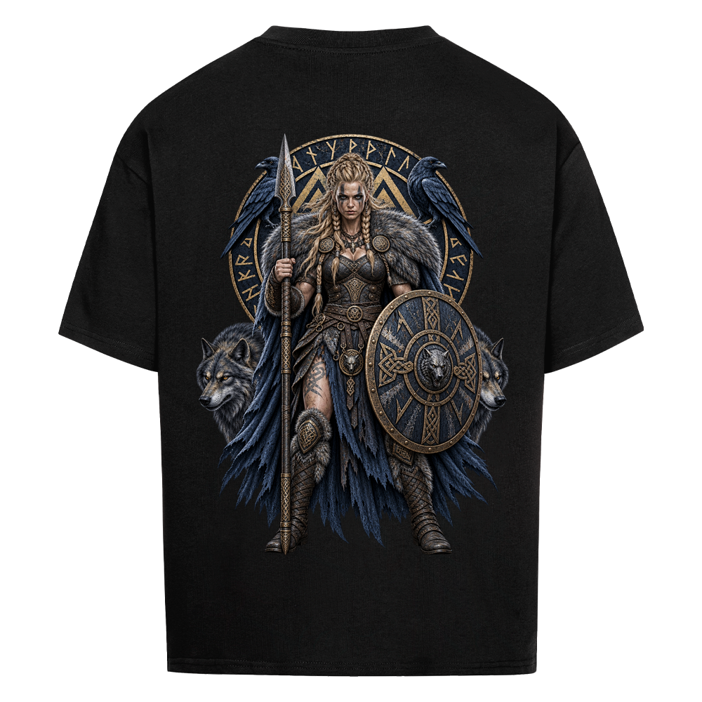 NOVAWEAR® SHIELDMAIDEN Heavyweight Oversized T-Shirt – Rückansicht in Schwarz mit SHIELDMAIDEN Backprint