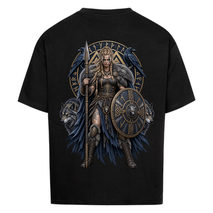 NOVAWEAR® SHIELDMAIDEN Heavyweight Oversized T-Shirt – Rückansicht in Schwarz mit SHIELDMAIDEN Backprint