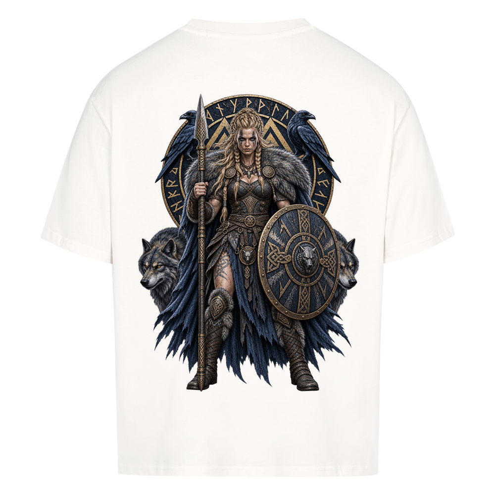 NOVAWEAR® SHIELDMAIDEN Heavyweight Oversized T-Shirt – Rückansicht in Weiß mit SHIELDMAIDEN Backprint