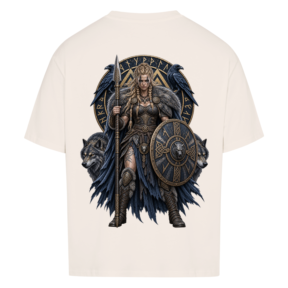 NOVAWEAR® SHIELDMAIDEN Heavyweight Oversized T-Shirt – Rückansicht in Natural Raw mit SHIELDMAIDEN Backprint