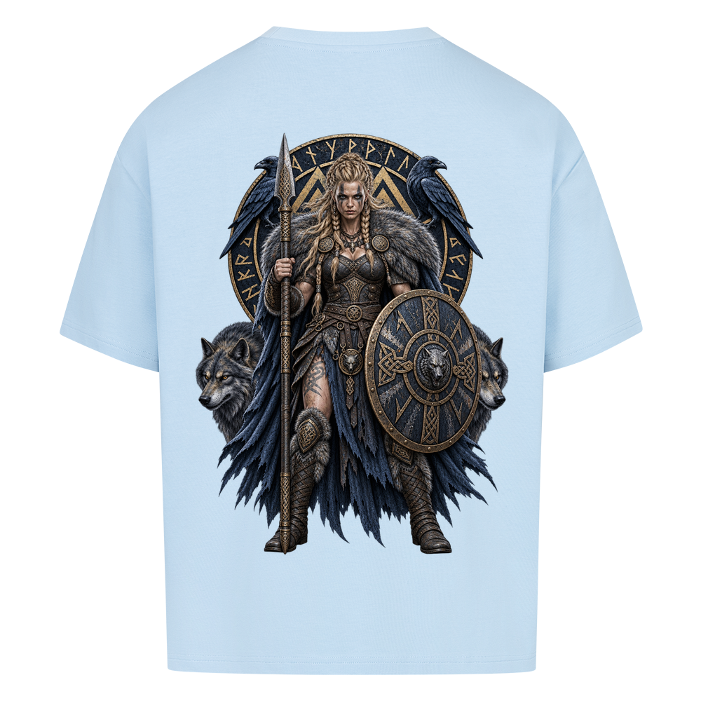 
NOVAWEAR® SHIELDMAIDEN Heavyweight Oversized T-Shirt – Rückansicht in Babyblau mit SHIELDMAIDEN Backprint