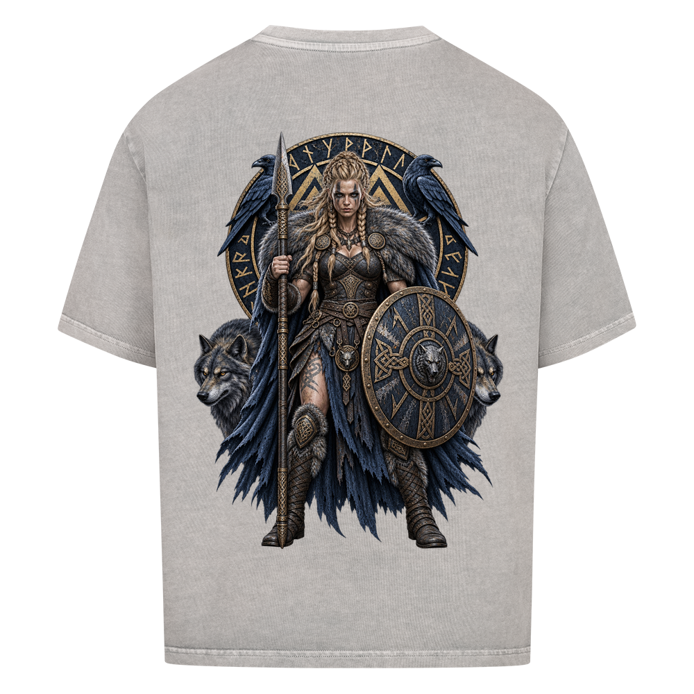 
NOVAWEAR® SHIELDMAIDEN Heavyweight Oversized T-Shirt – Rückansicht in Washed Grey mit SHIELDMAIDEN Backprint