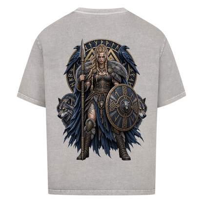 NOVAWEAR® SHIELDMAIDEN Heavyweight Oversized T-Shirt – Rückansicht in Washed Grey mit SHIELDMAIDEN Backprint