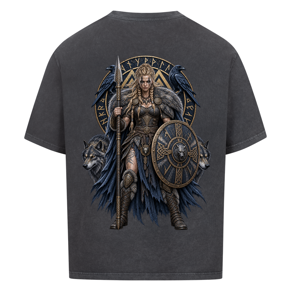 NOVAWEAR® SHIELDMAIDEN Heavyweight Oversized T-Shirt – Rückansicht in Washed Black mit SHIELDMAIDEN Backprint