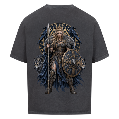 NOVAWEAR® SHIELDMAIDEN Heavyweight Oversized T-Shirt – Rückansicht in Washed Black mit SHIELDMAIDEN Backprint