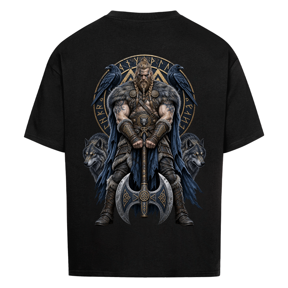 
NOVAWEAR® RAVEN AXE Heavyweight Oversized T-Shirt – Rückansicht in Schwarz mit RAVEN AXE Backprint