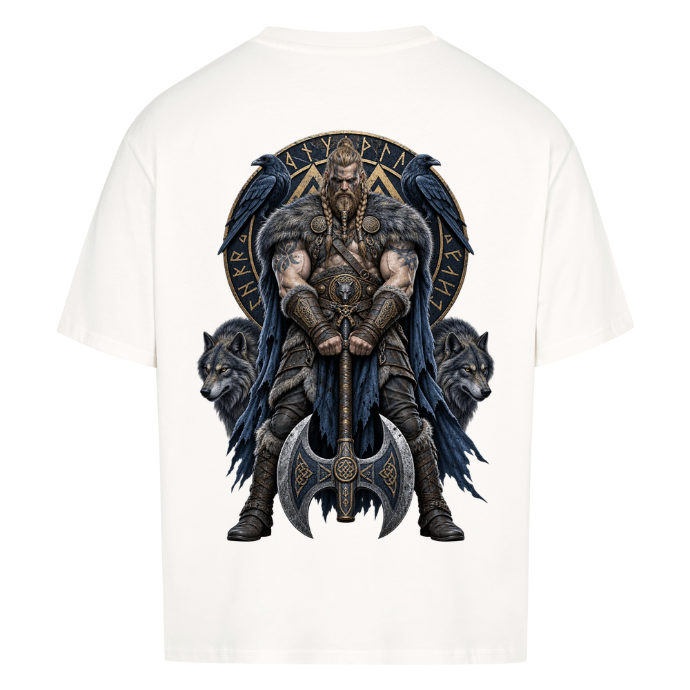 NOVAWEAR® RAVEN AXE Heavyweight Oversized T-Shirt – Rückansicht in Weiß mit RAVEN AXE Backprint