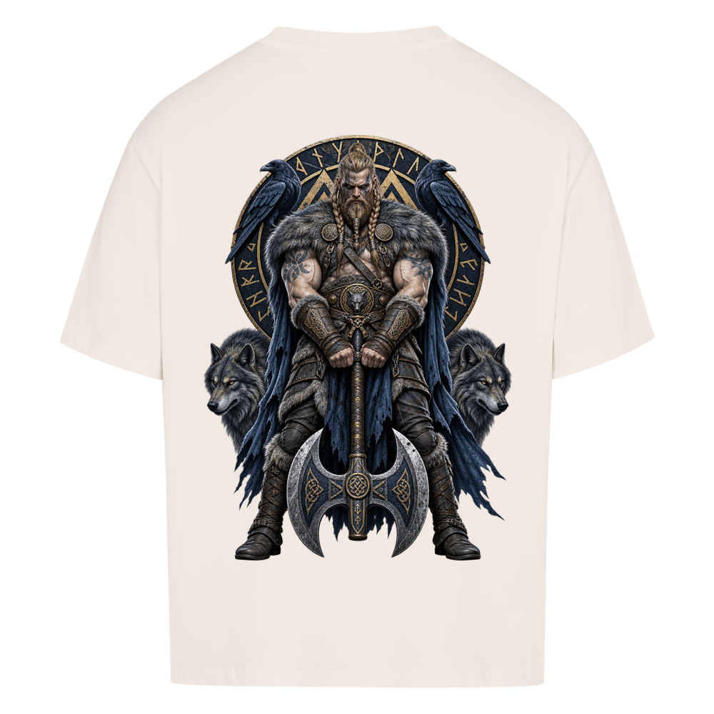 
NOVAWEAR® RAVEN AXE Heavyweight Oversized T-Shirt – Rückansicht in Natural Raw mit RAVEN AXE Backprint