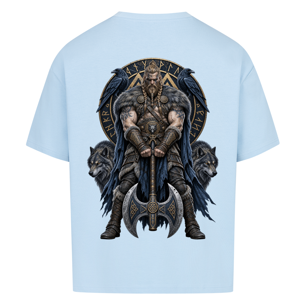 NOVAWEAR® RAVEN AXE Heavyweight Oversized T-Shirt – Rückansicht in Babyblau mit RAVEN AXE Backprint