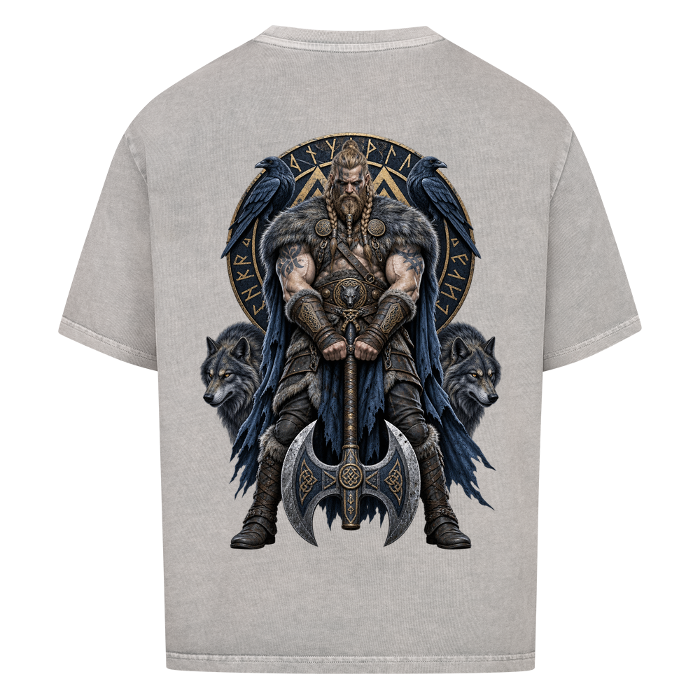 NOVAWEAR® RAVEN AXE Heavyweight Oversized T-Shirt – Rückansicht in Washed Grey mit RAVEN AXE Backprint