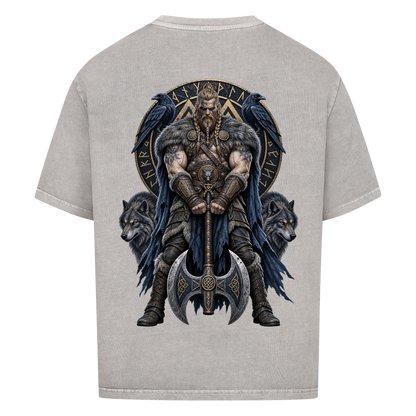 NOVAWEAR® RAVEN AXE Heavyweight Oversized T-Shirt – Rückansicht in Washed Grey mit RAVEN AXE Backprint