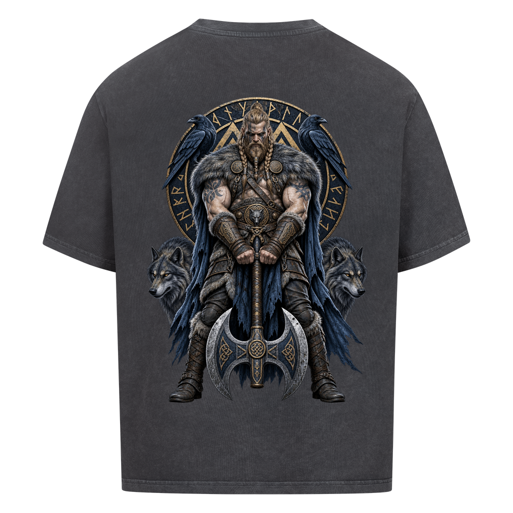 NOVAWEAR® RAVEN AXE Heavyweight Oversized T-Shirt – Rückansicht in Washed Black mit RAVEN AXE Backprint