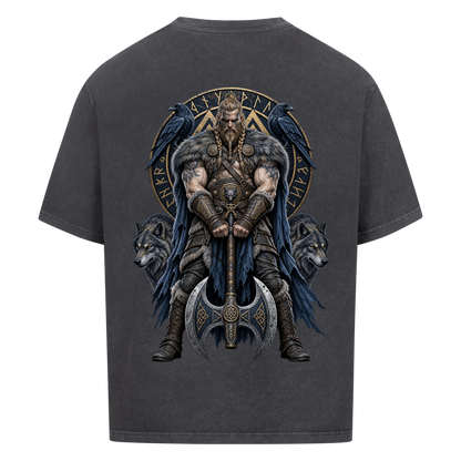 NOVAWEAR® RAVEN AXE Heavyweight Oversized T-Shirt – Rückansicht in Washed Black mit RAVEN AXE Backprint