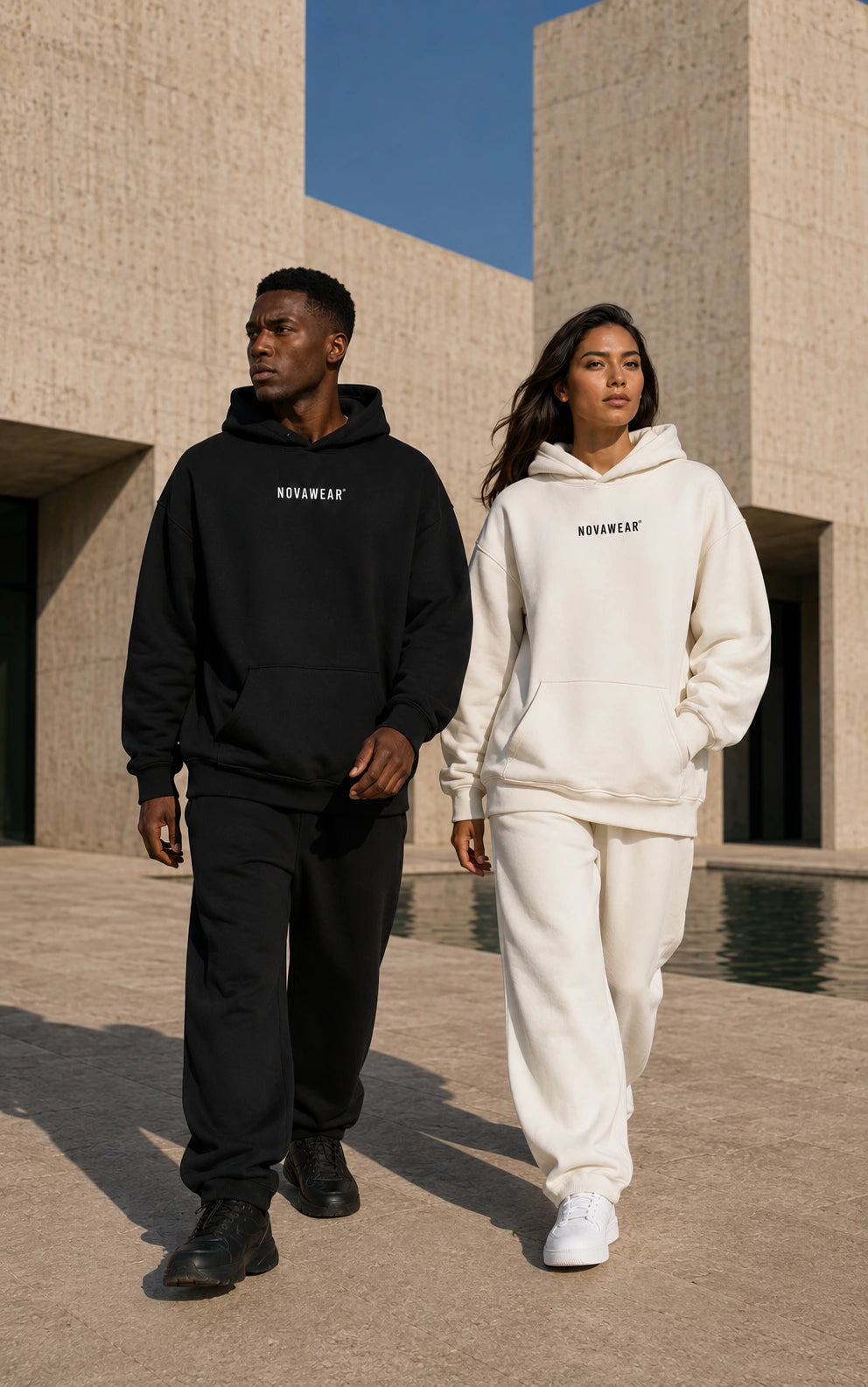 NOVAWEAR Oversized Hoodie in Schwarz und Natural Raw – Lifestyle-Ansicht