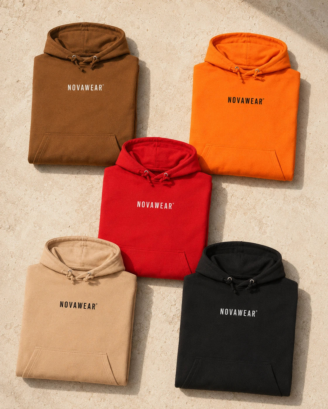 NOVAWEAR Hoodie – Flatlay in warmen Farbtönen