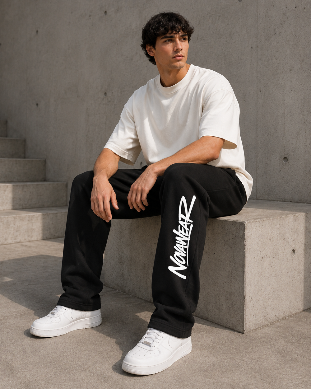 
NOVAWEAR Axis Heavyweight Sweatpants Schwarz am Model – sitzende Ansicht