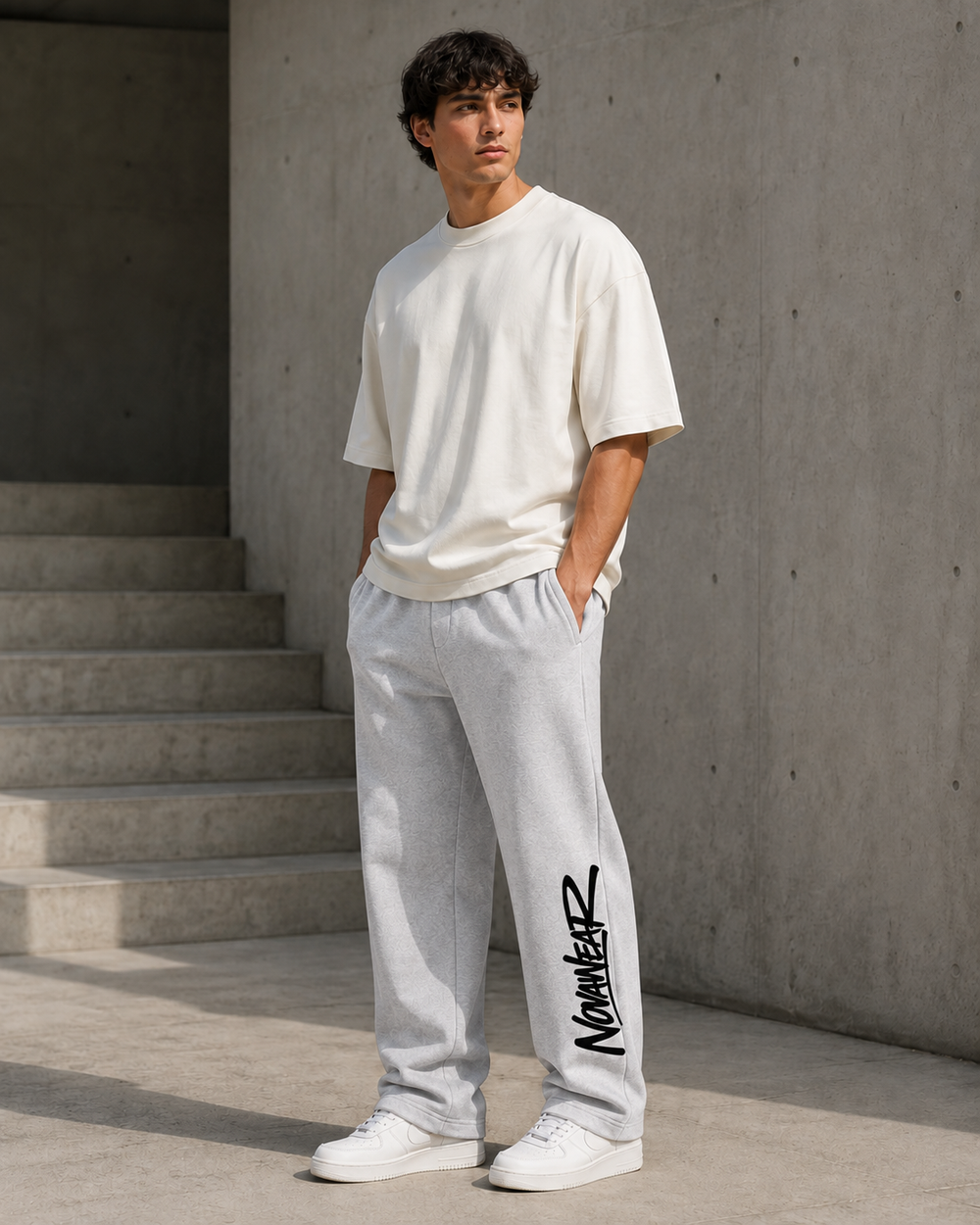
NOVAWEAR Axis Heavyweight Sweatpants Heather Grey am Model – Ganzkörperansicht