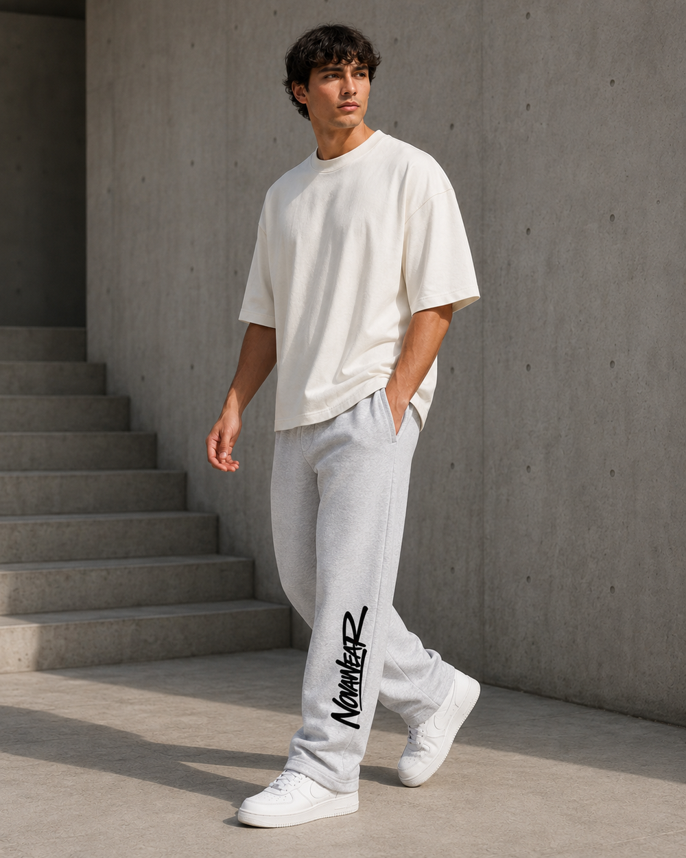 
NOVAWEAR Axis Heavyweight Sweatpants Heather Grey am Model – Bewegung