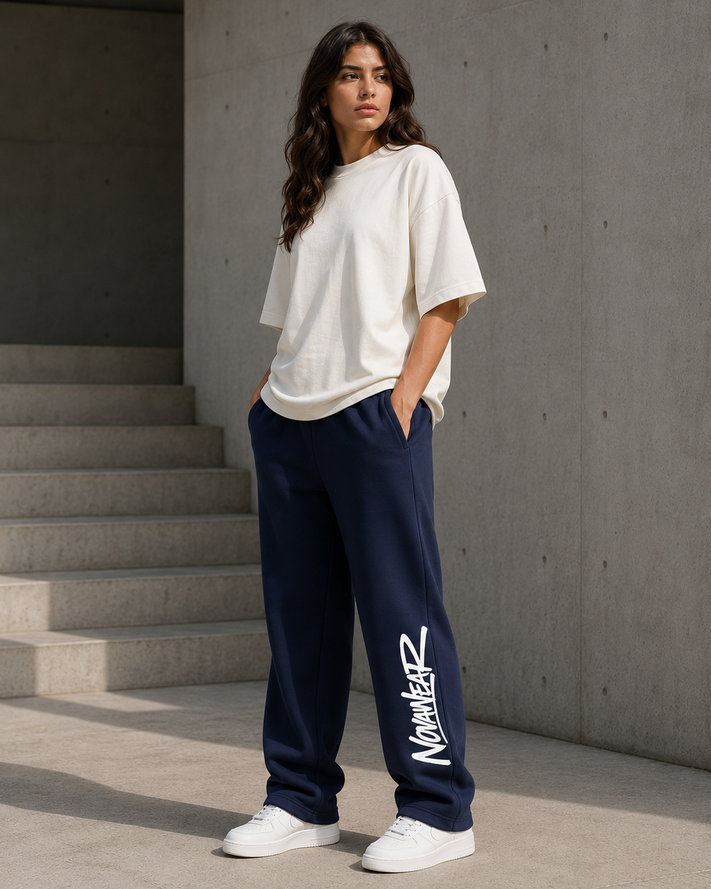 
NOVAWEAR Axis Heavyweight Sweatpants French Navy am weiblichen Model – Unisex Styling