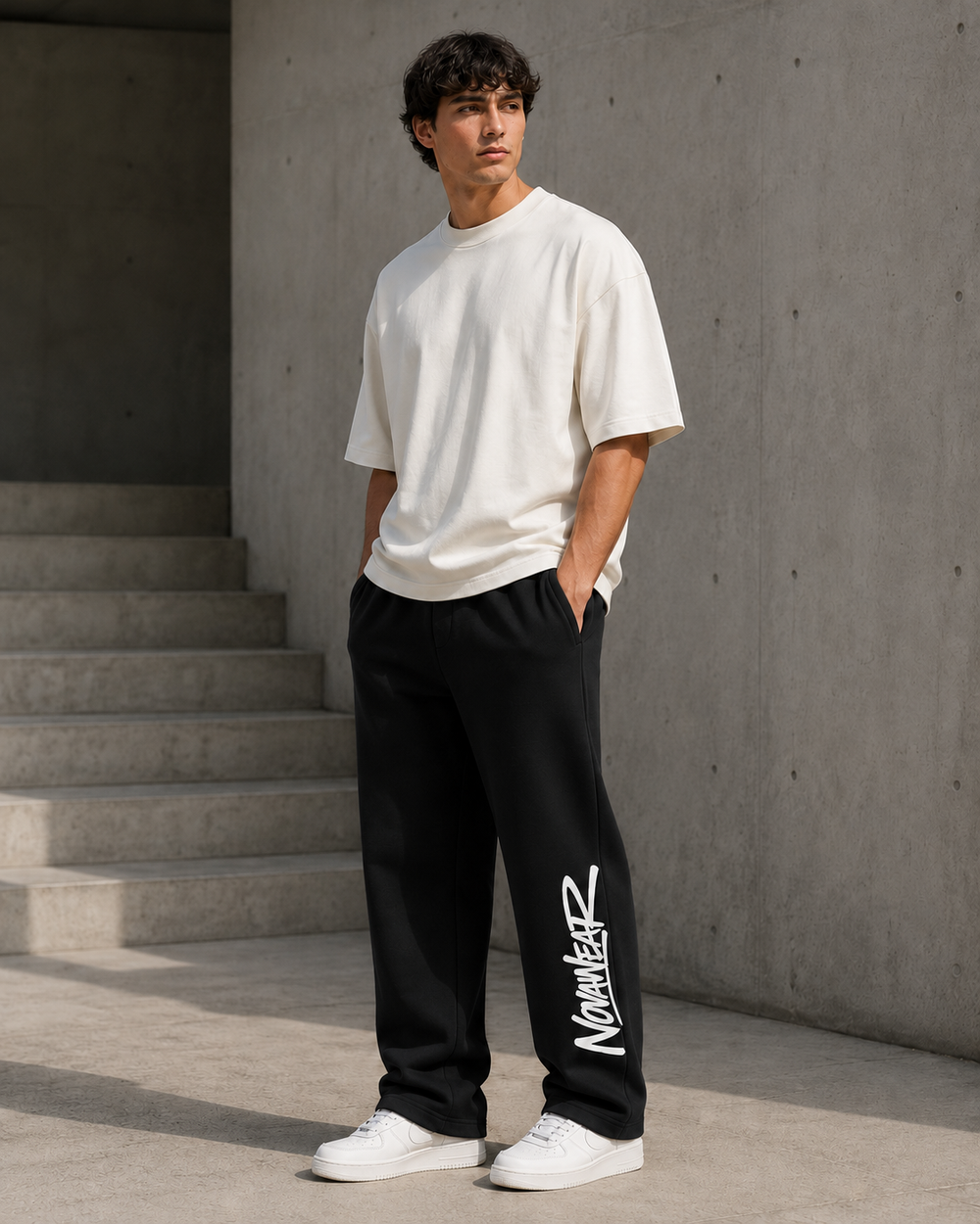 
NOVAWEAR Axis Heavyweight Sweatpants French Navy am Model – Bewegung