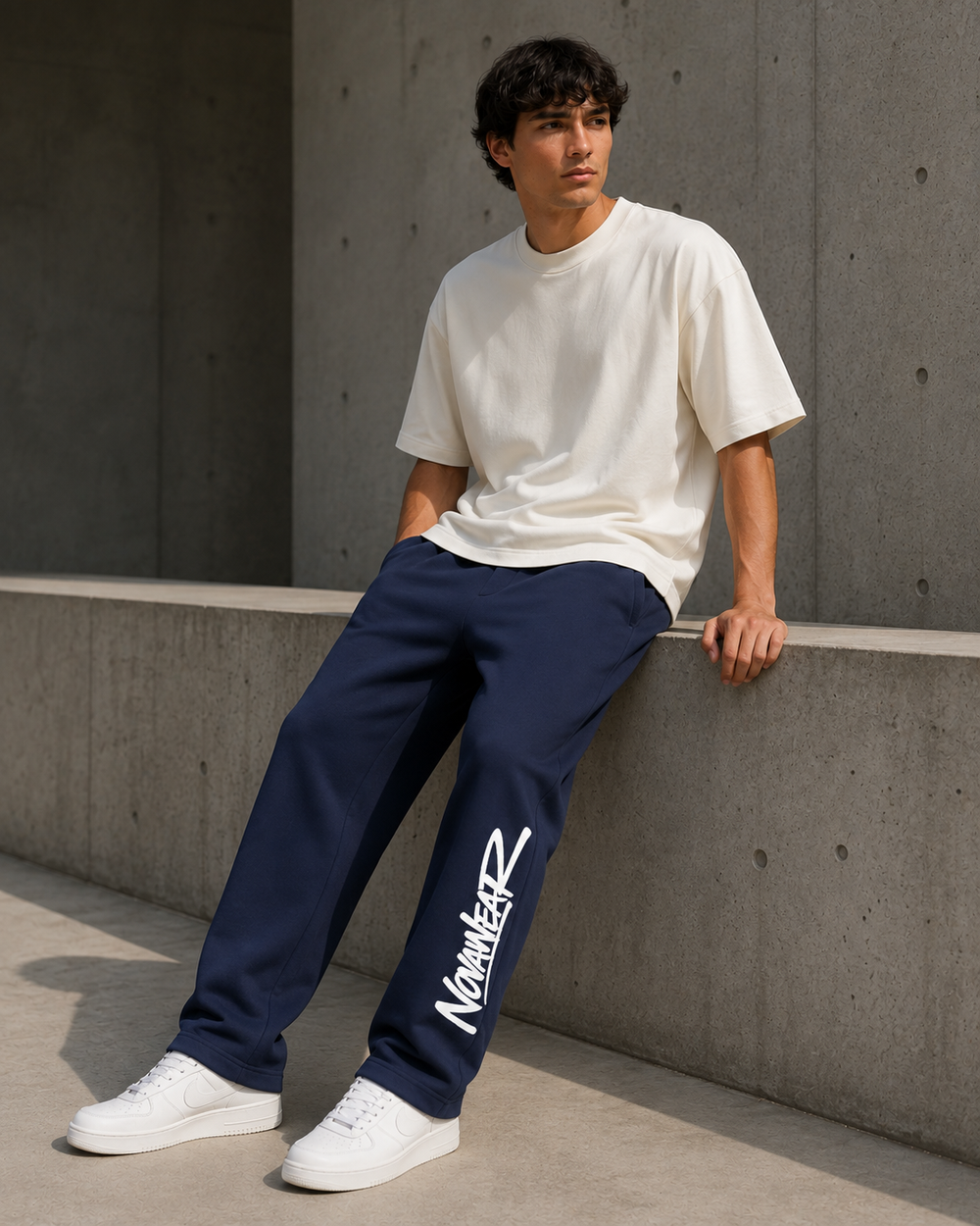 
NOVAWEAR Axis Heavyweight Sweatpants French Navy am Model – sitzende Ansicht